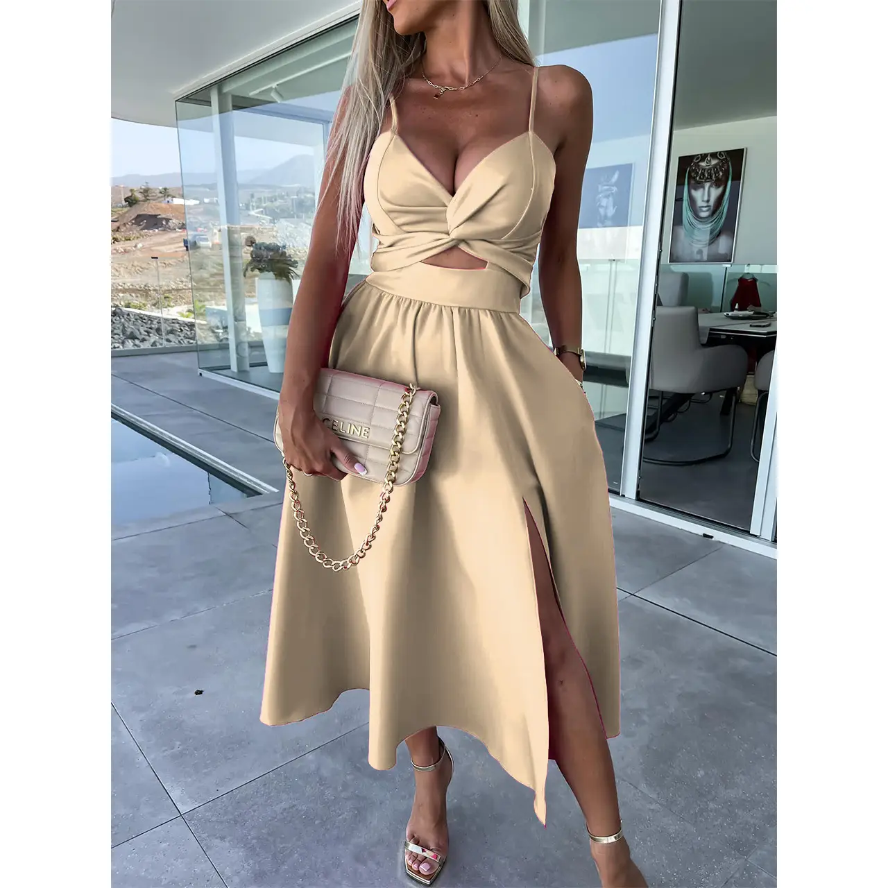 2023 New Fashion Women's Pink Sling Dress with High Slit - Image 11