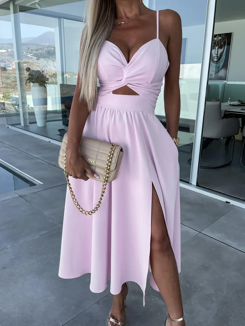 2023 New Fashion Women's Pink Sling Dress with High Slit - Image 4