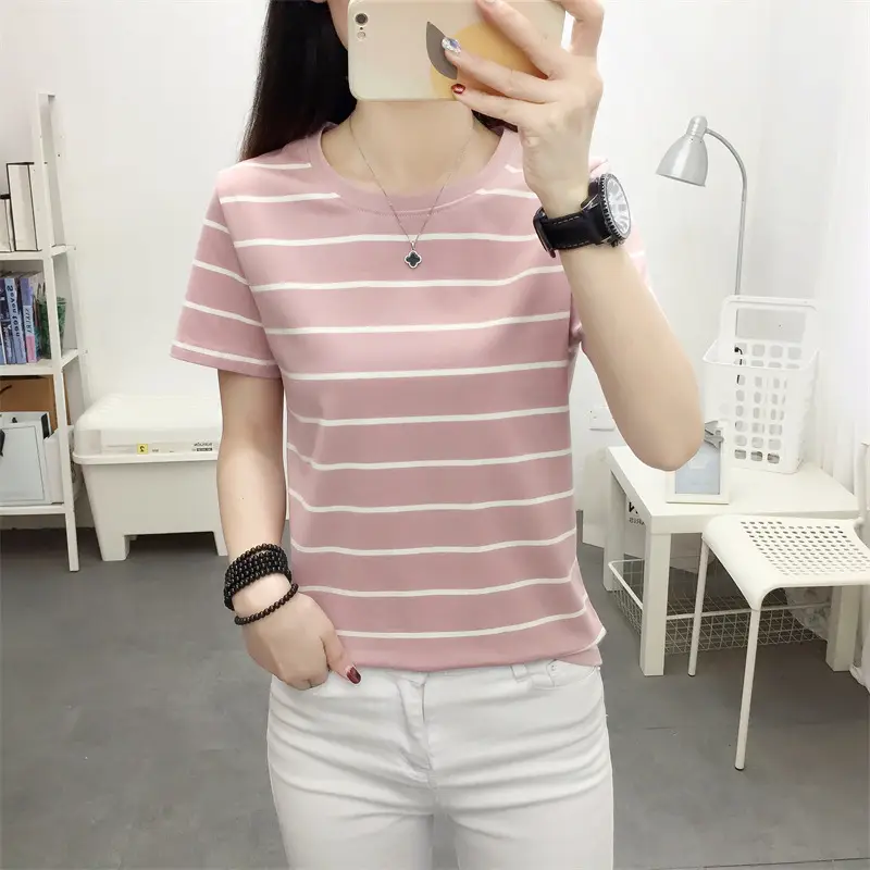 Women Striped Cotton T-Shirt Black White Loose Fit Summer