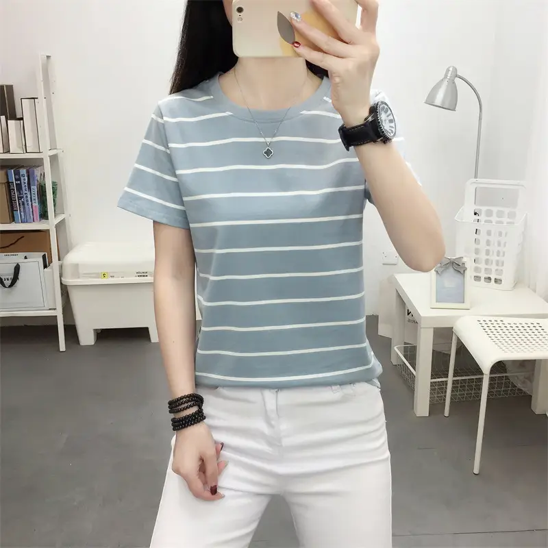 Women Striped Cotton T-Shirt Black White Loose Fit Summer