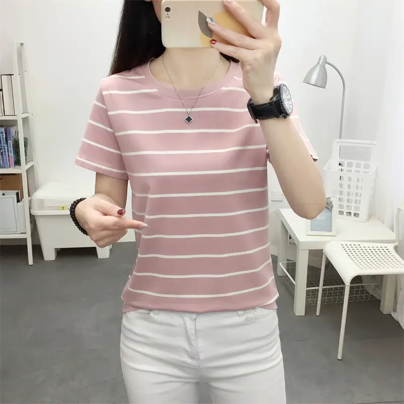 Women Striped Cotton T-Shirt Black White Loose Fit Summer — feature 11