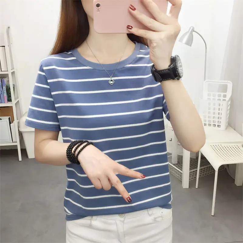 Women Striped Cotton T-Shirt Black White Loose Fit Summer — feature 14