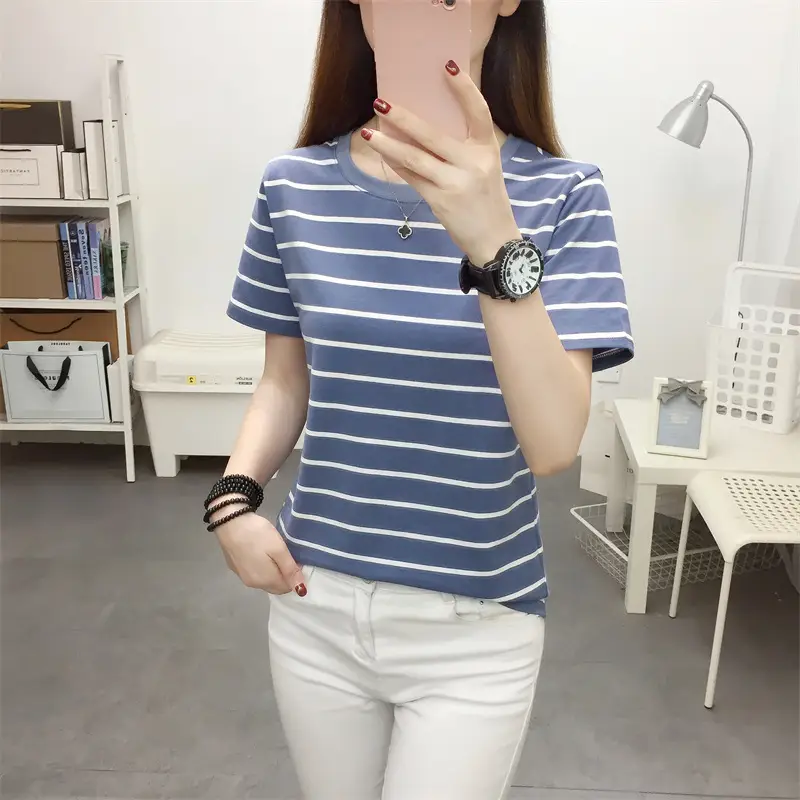 Women Striped Cotton T-Shirt Black White Loose Fit Summer — feature 15