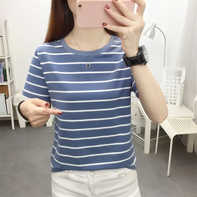 Women Striped Cotton T-Shirt Black White Loose Fit Summer — feature 16