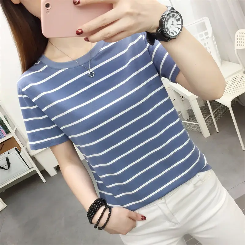 Women Striped Cotton T-Shirt Black White Loose Fit Summer — feature 17