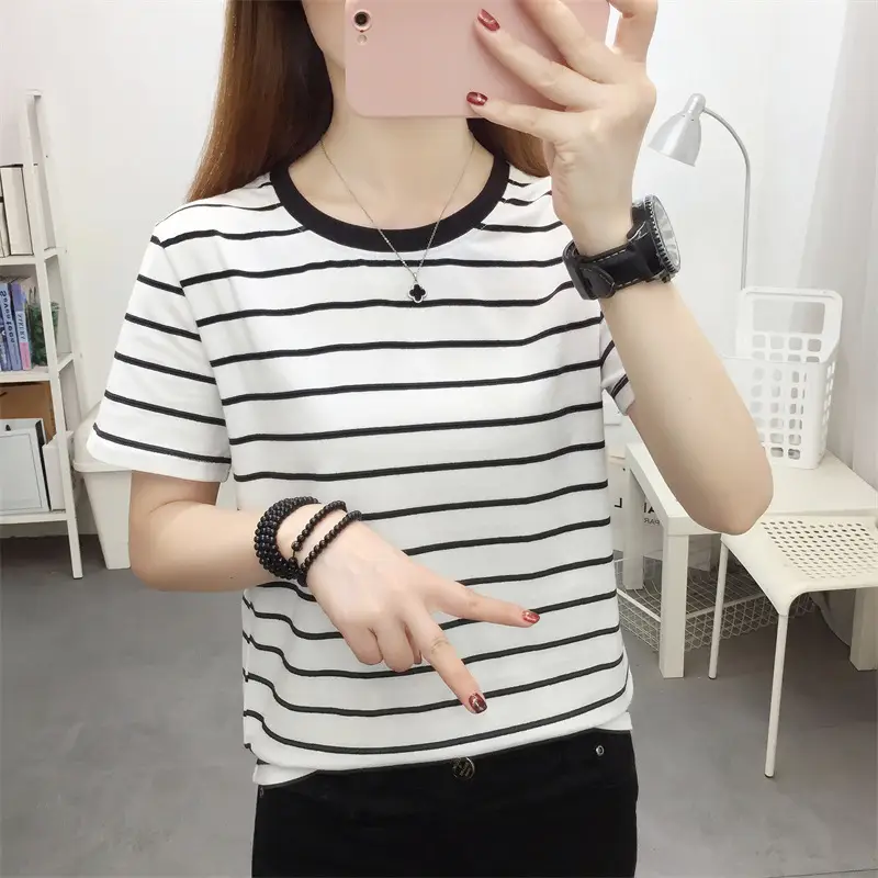Women Striped Cotton T-Shirt Black White Loose Fit Summer — feature 19