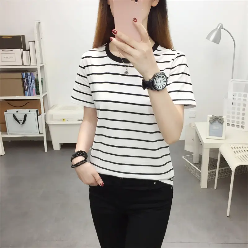 Women Striped Cotton T-Shirt Black White Loose Fit Summer — feature 20