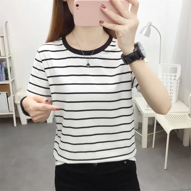 Women Striped Cotton T-Shirt Black White Loose Fit Summer — feature 21