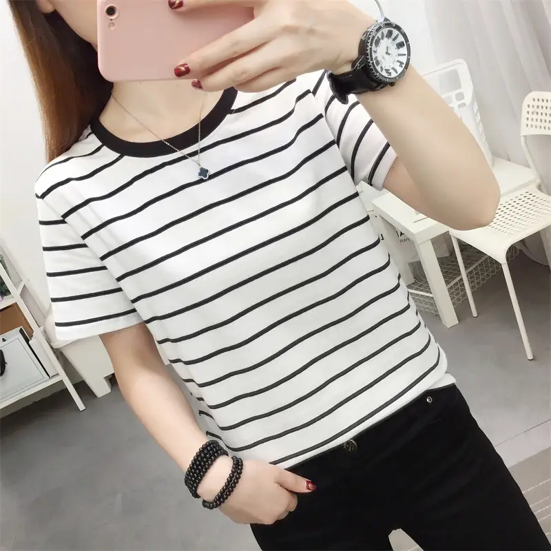 Women Striped Cotton T-Shirt Black White Loose Fit Summer — feature 22