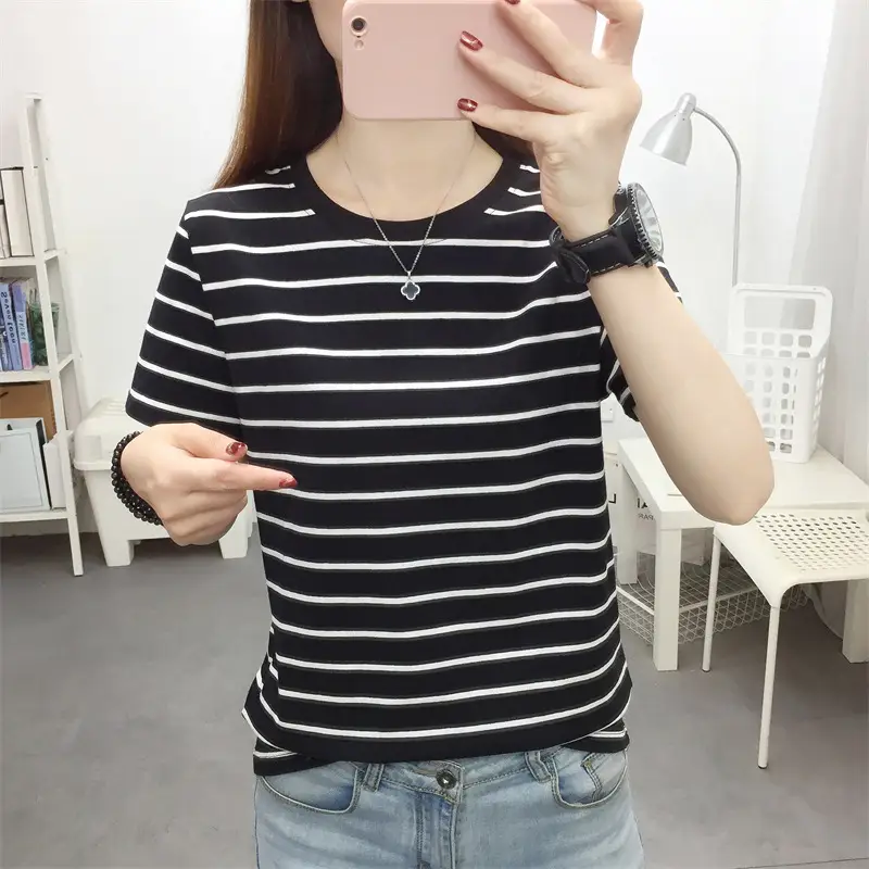 Women Striped Cotton T-Shirt Black White Loose Fit Summer — feature 23