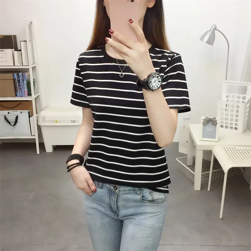 Women Striped Cotton T-Shirt Black White Loose Fit Summer — feature 24