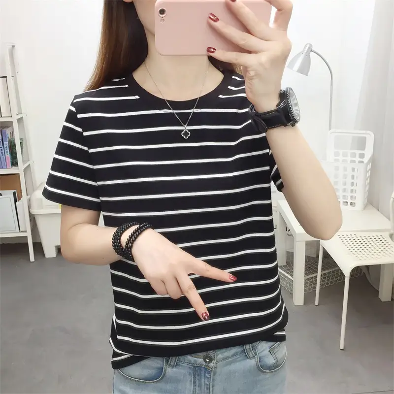Women Striped Cotton T-Shirt Black White Loose Fit Summer — feature 25