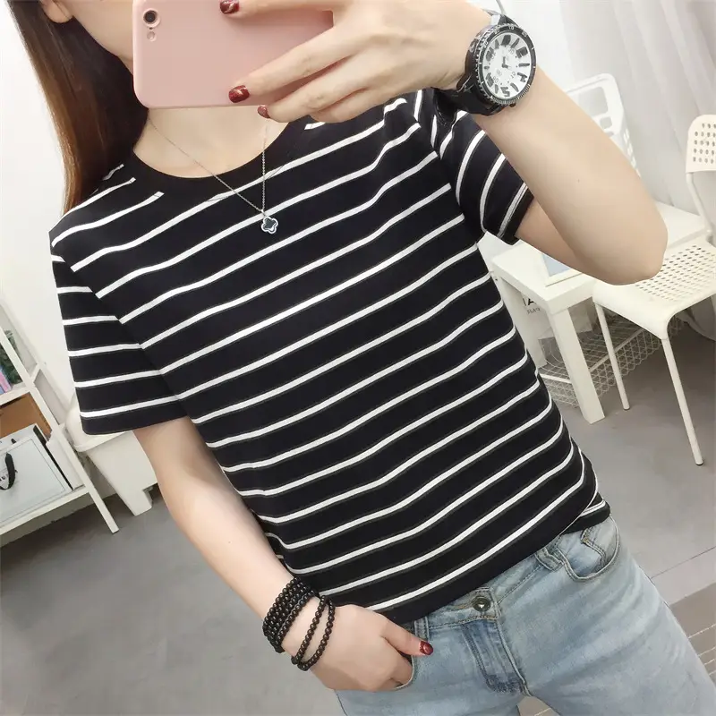 Women Striped Cotton T-Shirt Black White Loose Fit Summer — feature 26
