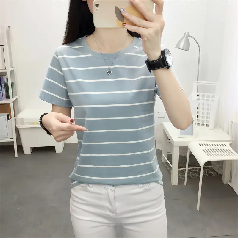 Women Striped Cotton T-Shirt Black White Loose Fit Summer — feature 4