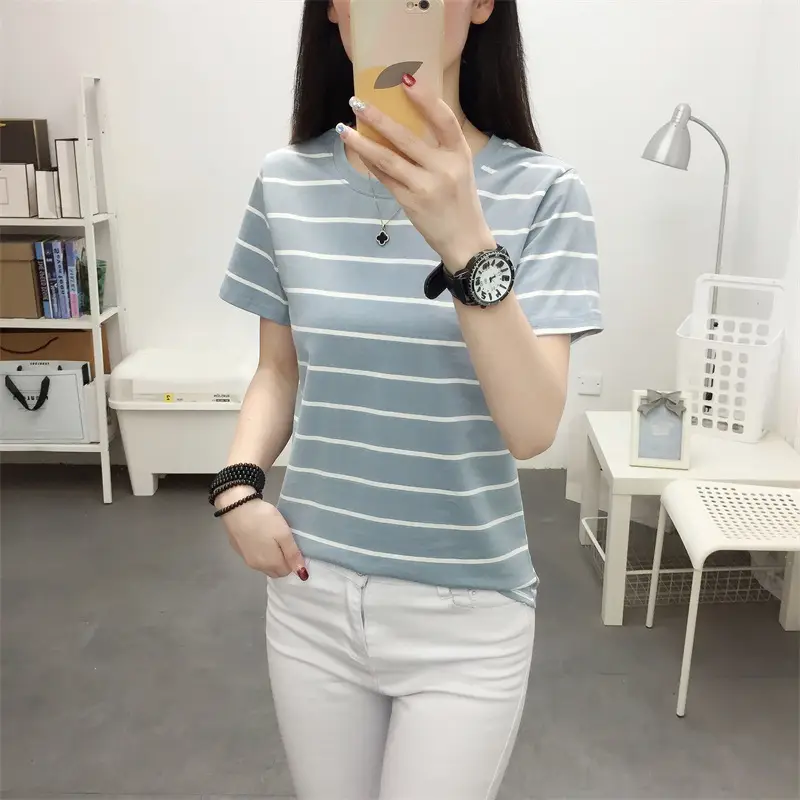 Women Striped Cotton T-Shirt Black White Loose Fit Summer — feature 5
