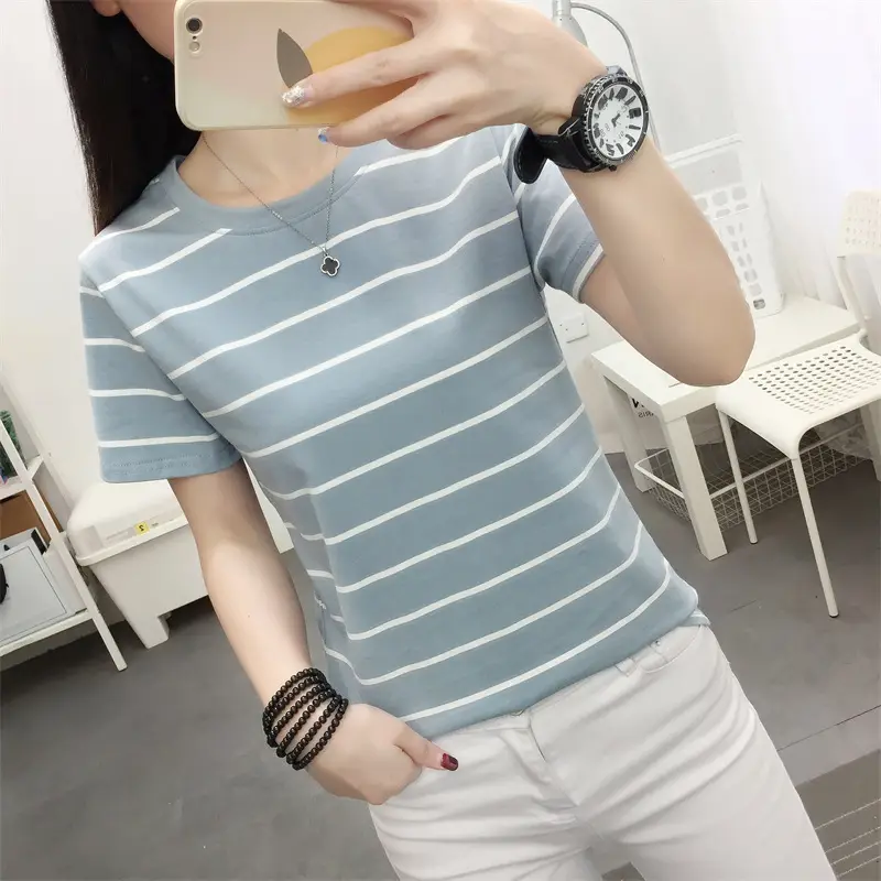 Women Striped Cotton T-Shirt Black White Loose Fit Summer — feature 6