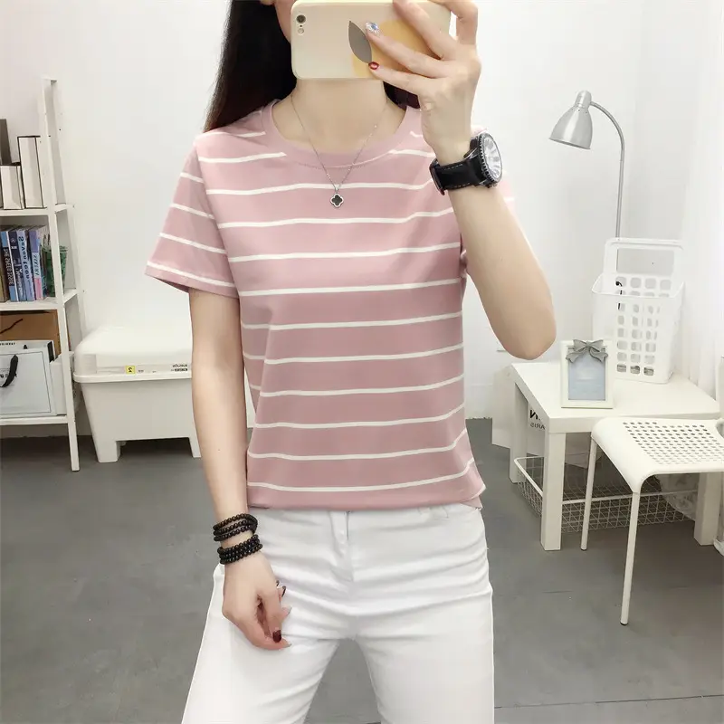 Women Striped Cotton T-Shirt Black White Loose Fit Summer — feature 7
