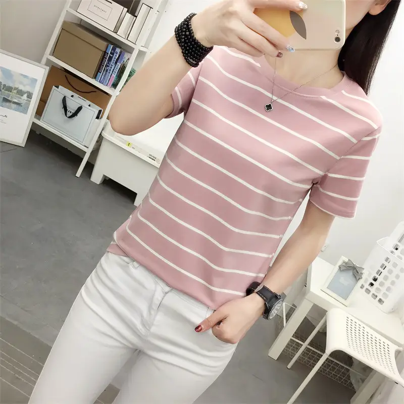 Women Striped Cotton T-Shirt Black White Loose Fit Summer — feature 8