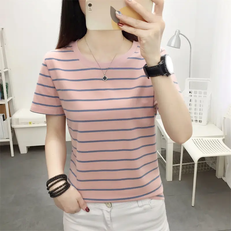 Women Striped Cotton T-Shirt Black White Loose Fit Summer