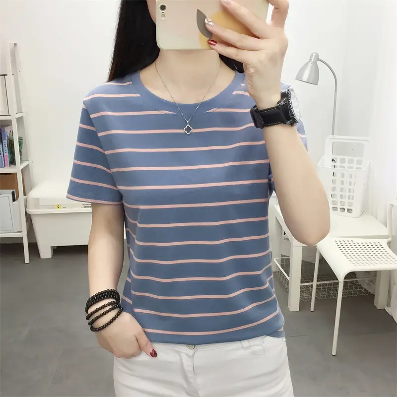 Women Striped Cotton T-Shirt Black White Loose Fit Summer