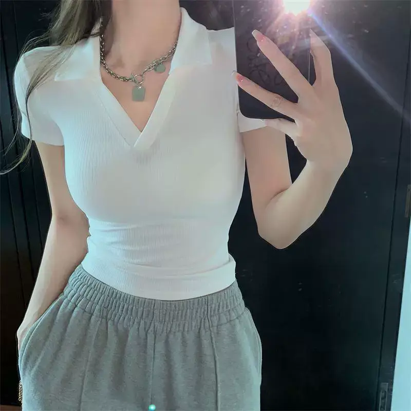 Hot Girls Slim Fit V Neck Polo Shirt Women Summer — feature 6