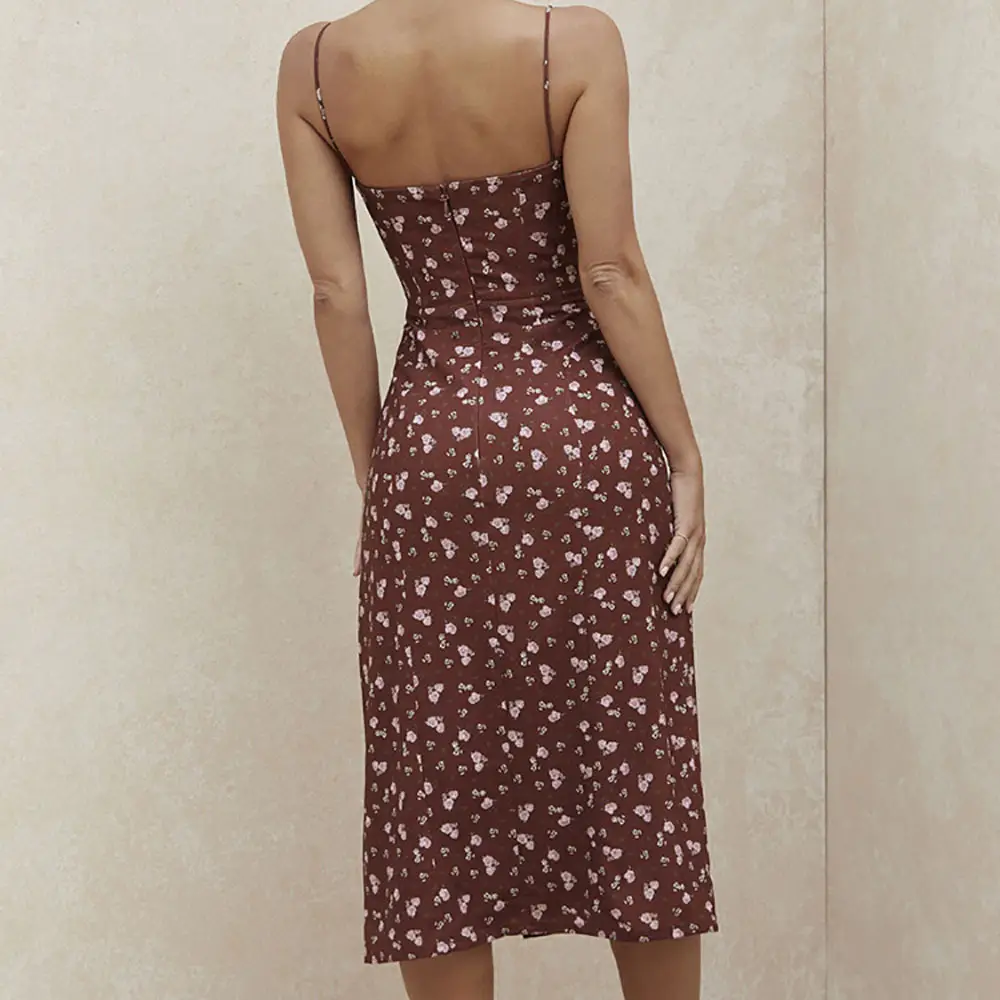 Elegant Floral Pleated Slit Strap Dress for Women - Image 24