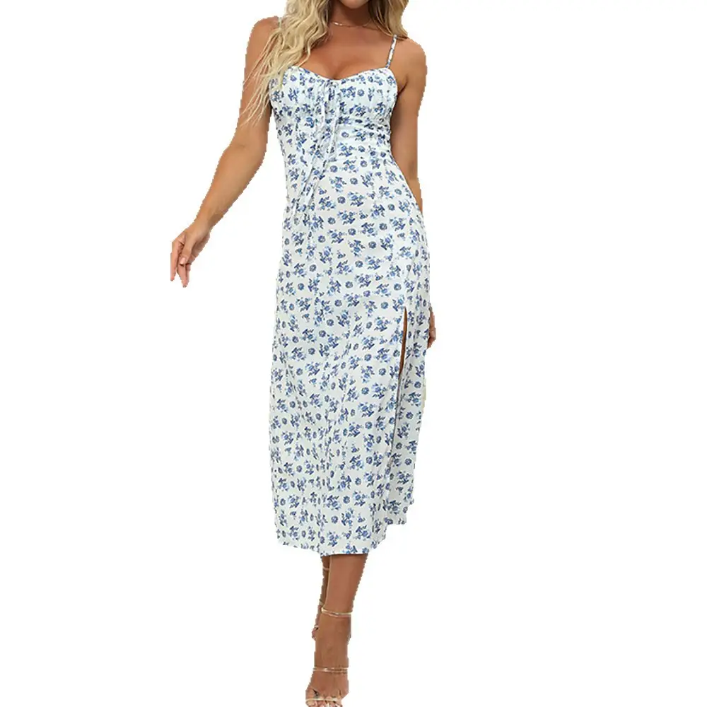 Elegant Floral Pleated Slit Strap Dress for Women - Image 27