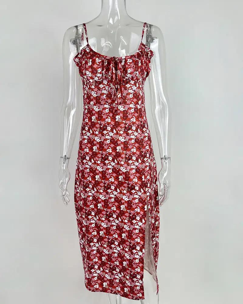 Elegant Floral Pleated Slit Strap Dress for Women — feature 37