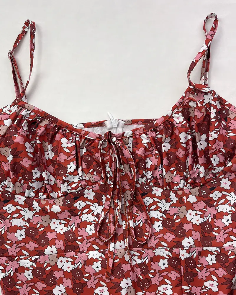 Elegant Floral Pleated Slit Strap Dress for Women — feature 42