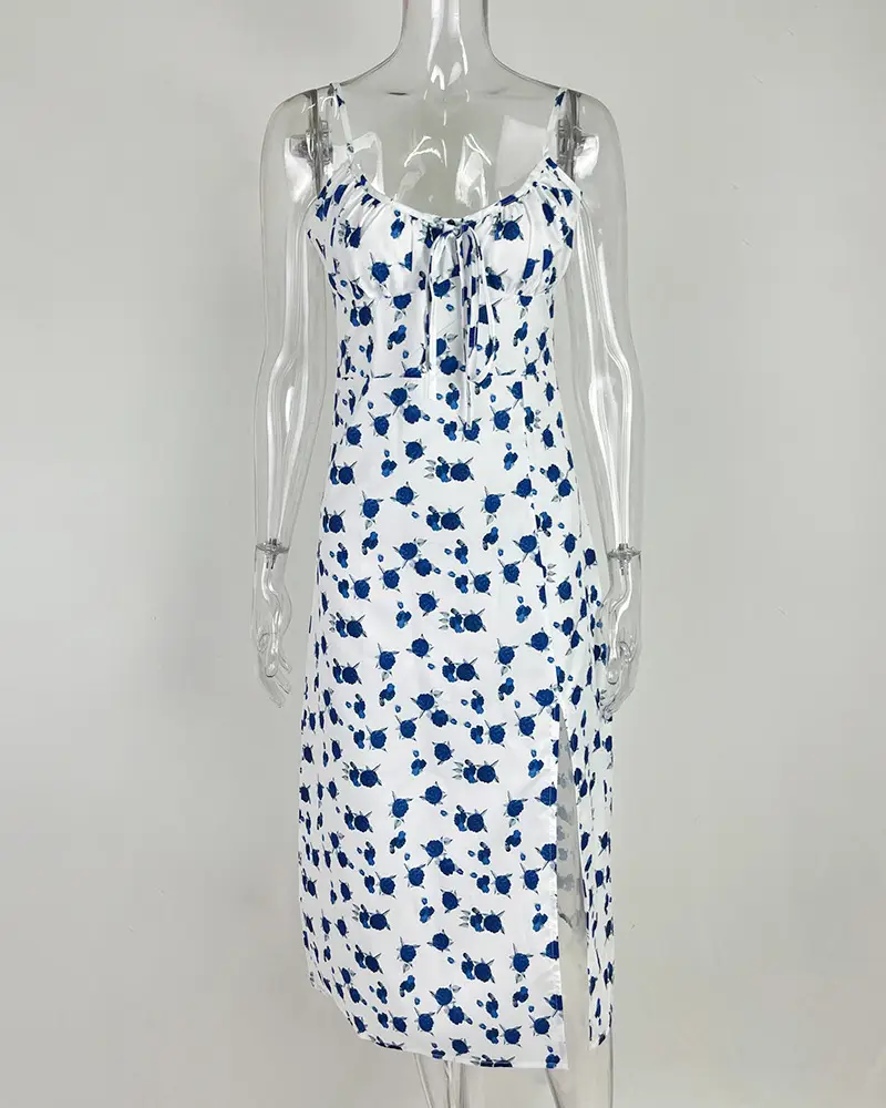 Elegant Floral Pleated Slit Strap Dress for Women — feature 44