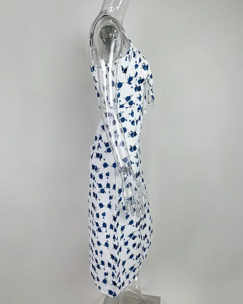 Elegant Floral Pleated Slit Strap Dress for Women — feature 45