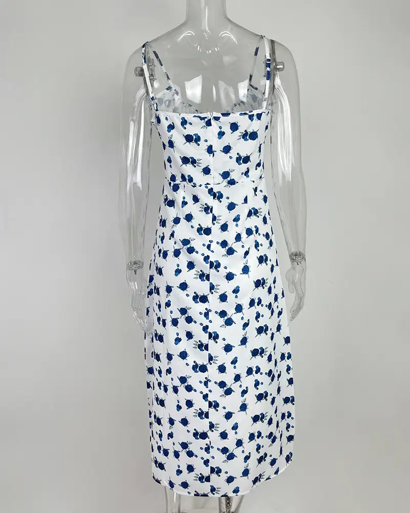 Elegant Floral Pleated Slit Strap Dress for Women — feature 46
