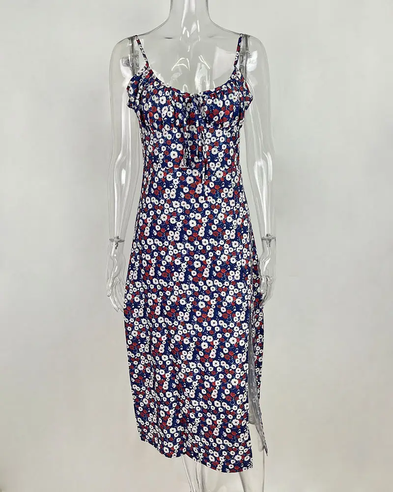 Elegant Floral Pleated Slit Strap Dress for Women — feature 47