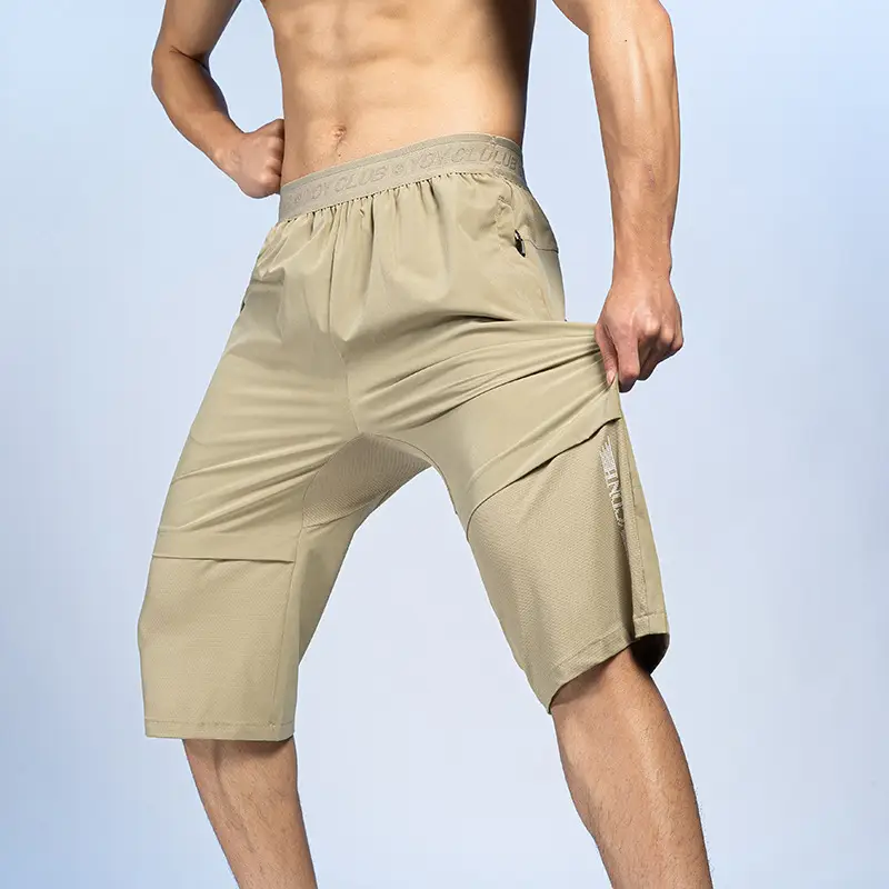 Men Ice Silk Capri Pants Olive Green Quick Dry Sports