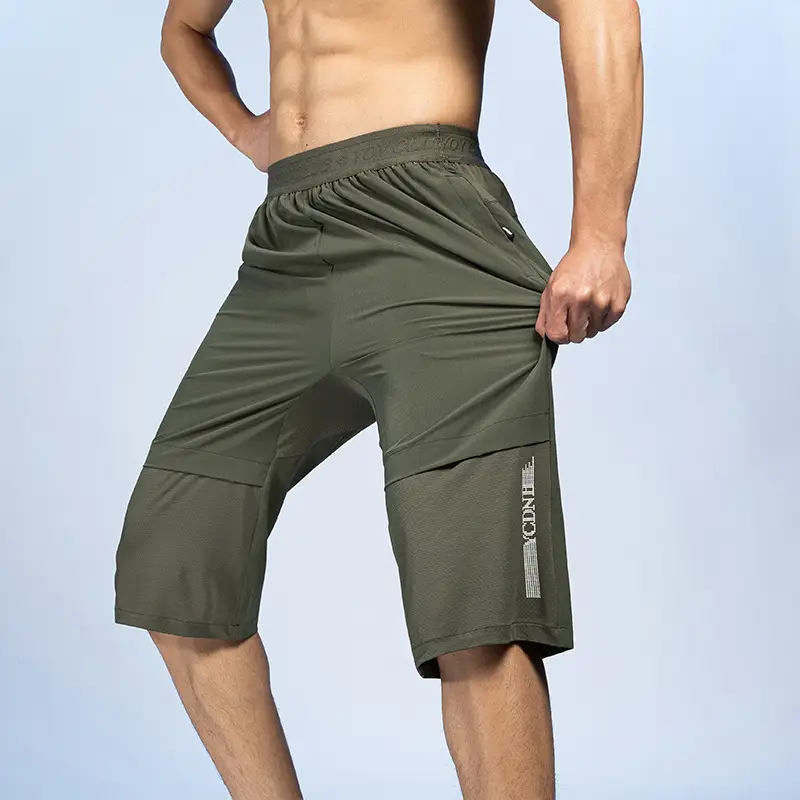 Men Ice Silk Capri Pants Olive Green Quick Dry Sports
