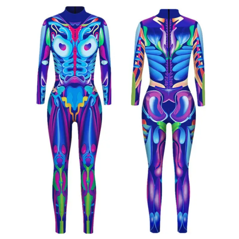 3D Digital Printed Halloween Skeleton Colorful Tights Suit - Image 4
