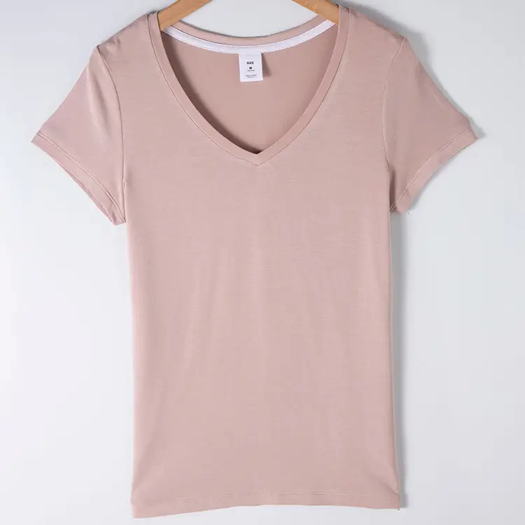 Women V Neck Slim Fit Pink T-Shirt