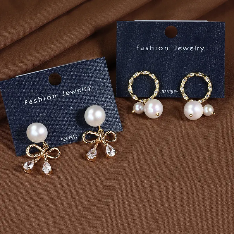 Copper Gold Pearl Earrings with Zircon Drop - Image 4