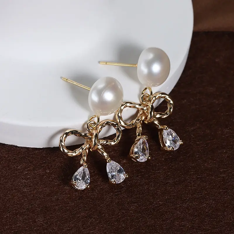 Copper Gold Pearl Earrings with Zircon Drop - Image 5