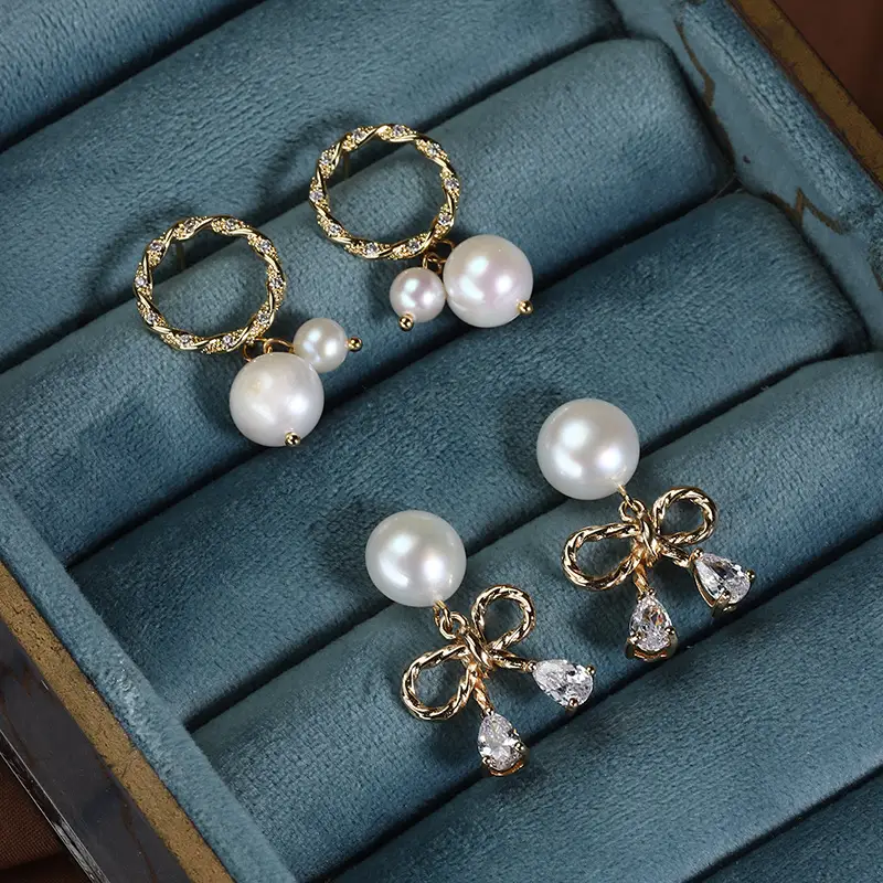Copper Gold Pearl Earrings with Zircon Drop - Image 6