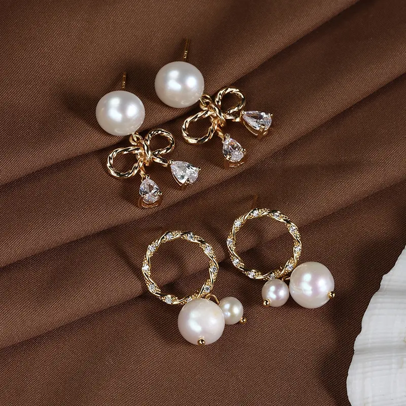 Copper Gold Pearl Earrings with Zircon Drop - Image 7