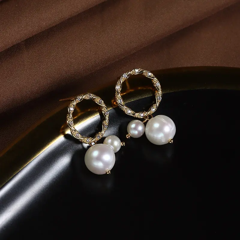 Copper Gold Pearl Earrings with Zircon Drop - Image 2