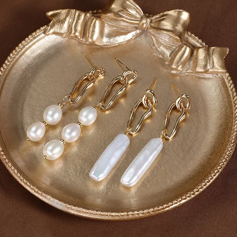 Pearl Earrings Copper Gold Plated 925 Silver Needles - Image 6