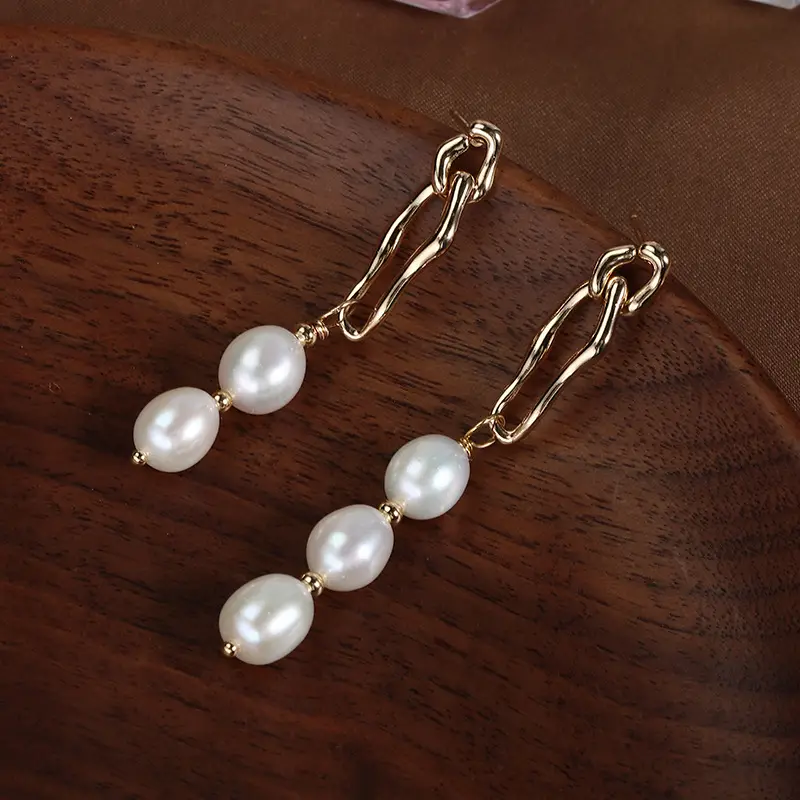 Pearl Earrings Copper Gold Plated 925 Silver Needles - Image 2