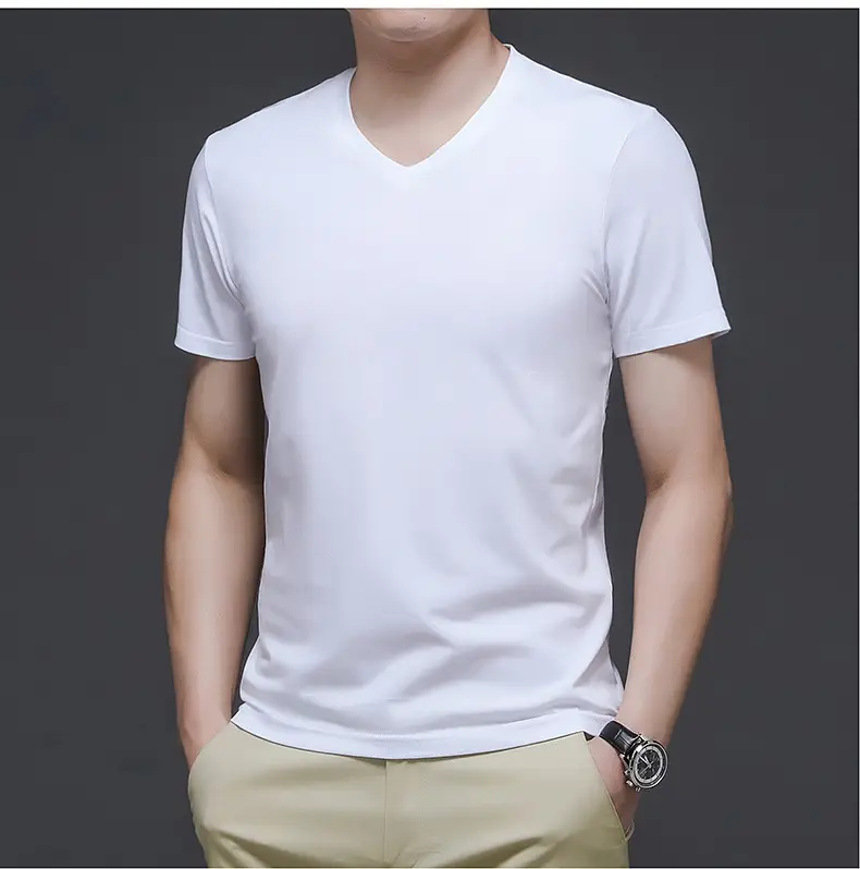 Men V-Neck Cotton T-Shirt White Slim Fit — feature 12