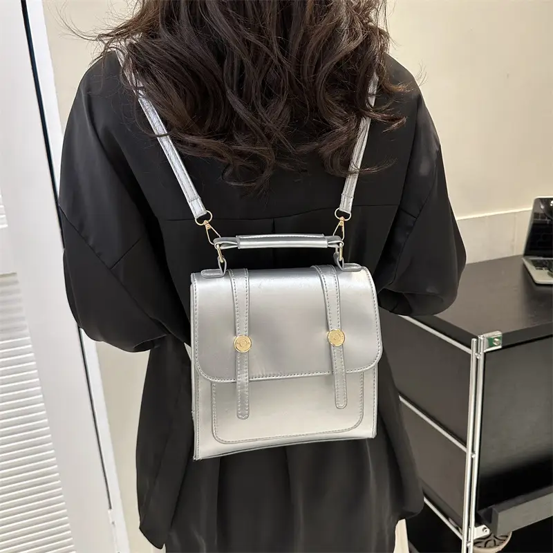 Women's Black Shoulder Backpack with Pom Pom Charm - Image 12