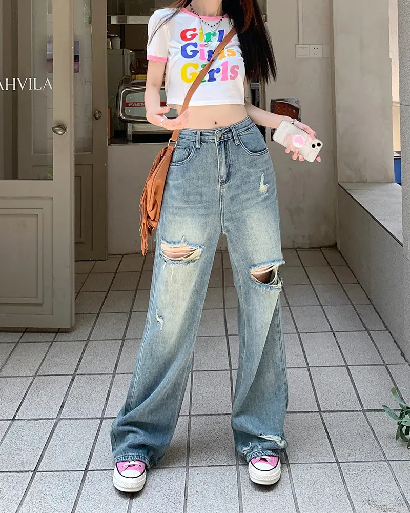Women American Style Retro Ripped Jeans Summer Loose Slim Fit — feature 3