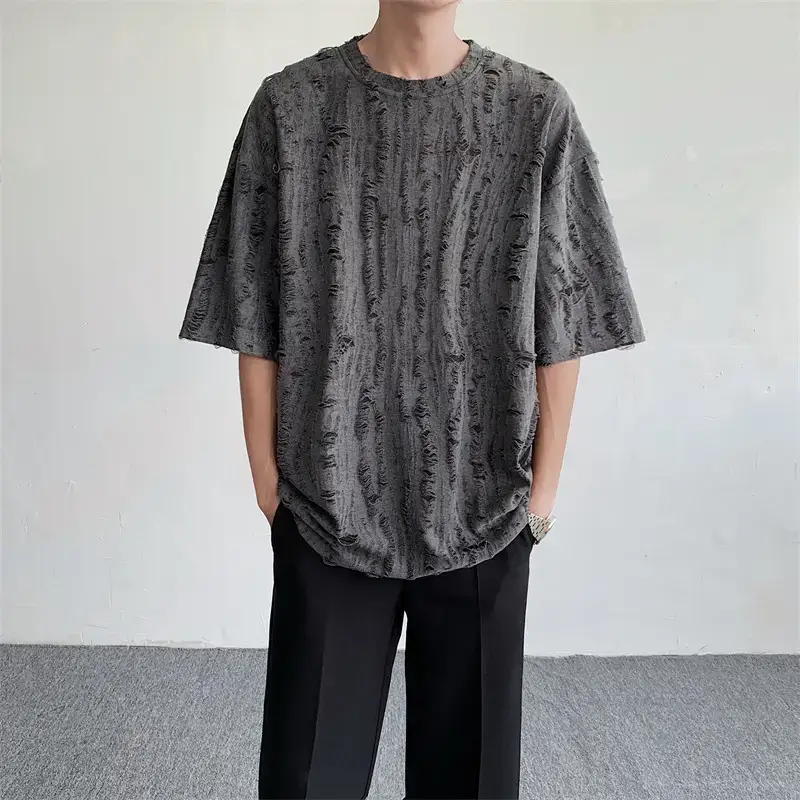 Men Black Ripped T-Shirt Summer Casual Korean Style - Image 5