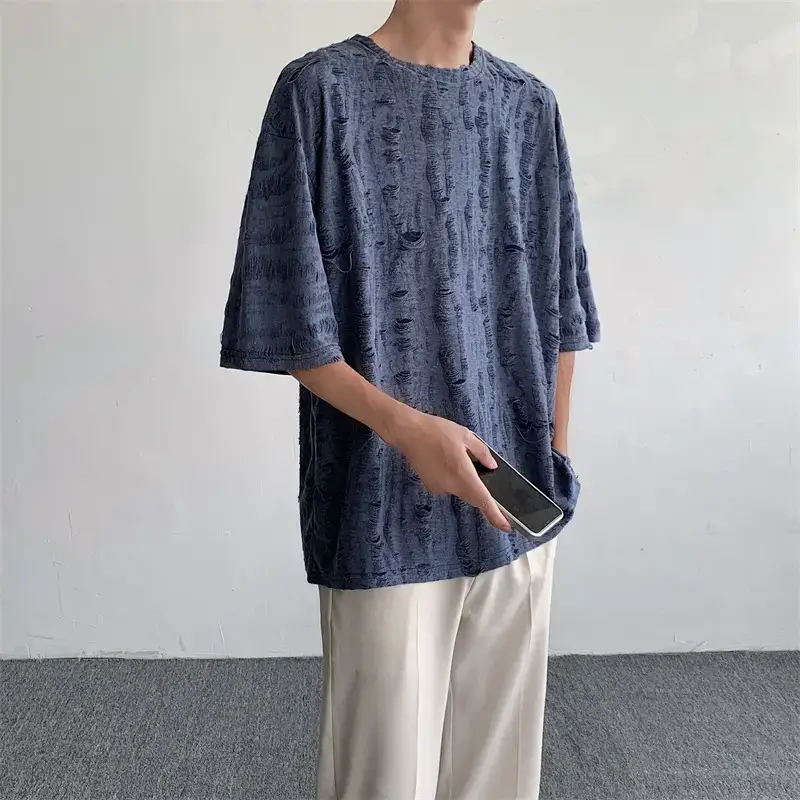 Men Black Ripped T-Shirt Summer Casual Korean Style - Image 6