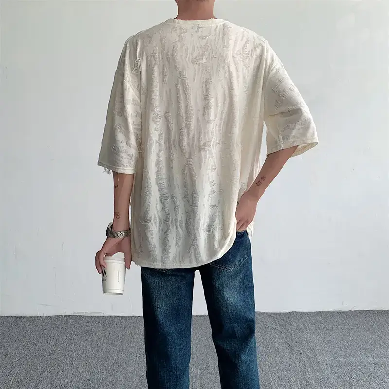 Men Black Ripped T-Shirt Summer Casual Korean Style - Image 7